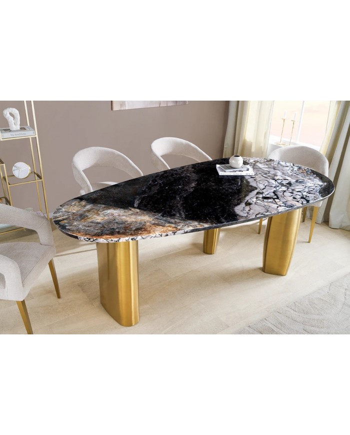 Table à manger design ovale 200 cm en marbre multicolore et pieds dorés MARBELLIA