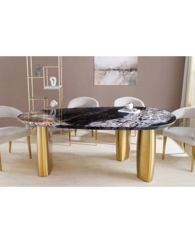 Table à manger design ovale 200 cm en marbre multicolore et pieds dorés MARBELLIA