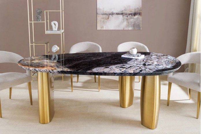 Table à manger design ovale 200 cm en marbre multicolore et pieds dorés MARBELLIA
