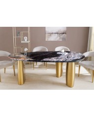 Table à manger design ovale 200 cm en marbre multicolore et pieds dorés MARBELLIA
