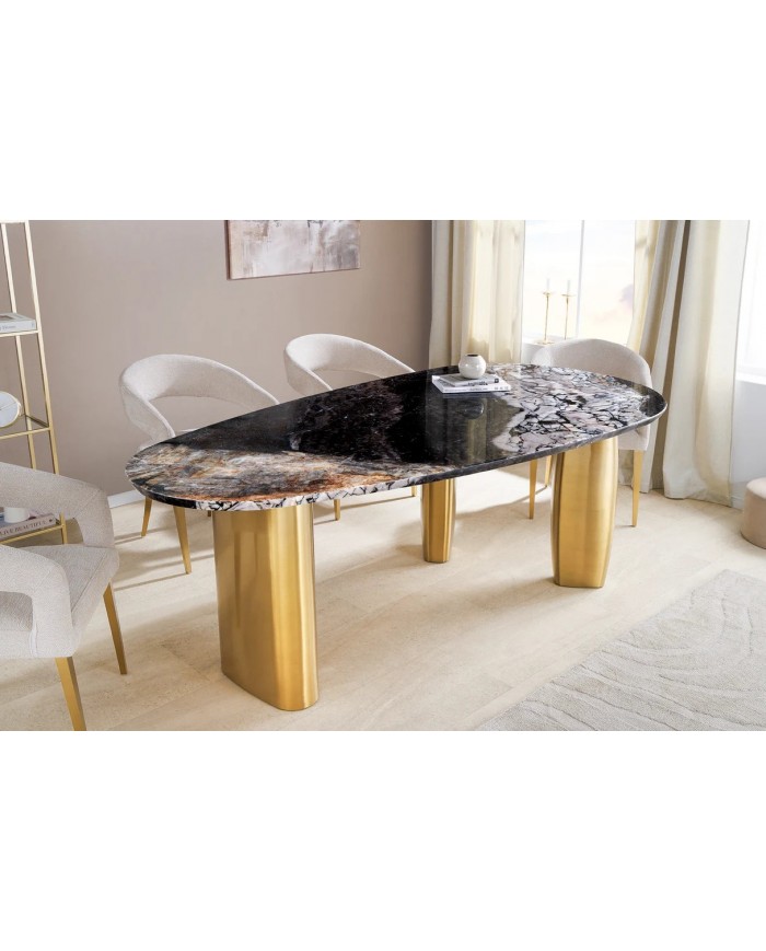 Table à manger design ovale 200 cm en marbre multicolore et pieds dorés MARBELLIA