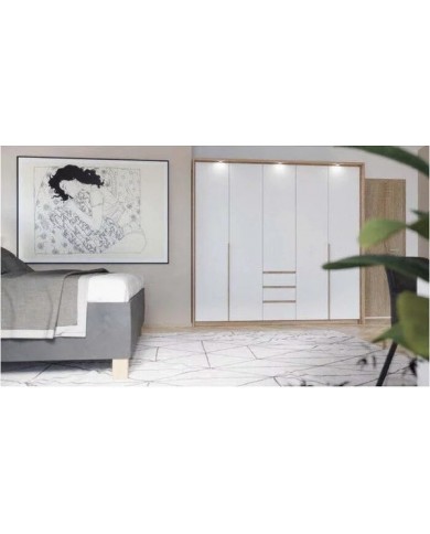 CHAMBRE COMPLÈTE LEXO Lit 160 + sommier + 2 tables de nuit intégrées + Armoire xxl+ Commode