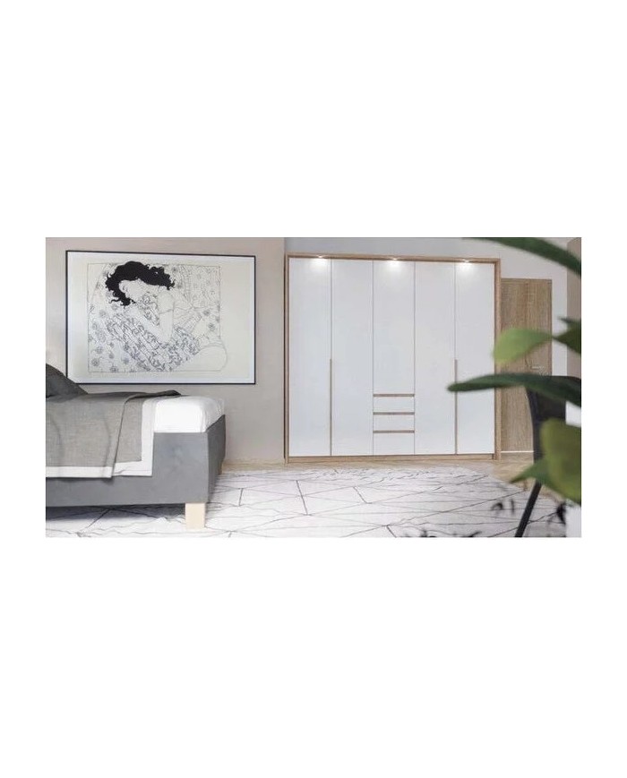 CHAMBRE COMPLÈTE LEXO Lit 160 + sommier + 2 tables de nuit intégrées + Armoire xxl+ Commode