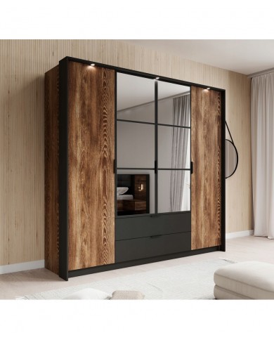 Armoire penderie étagères 4 portes et 2 tiroirs avec miroirs et LEDs 220 cm - Milton