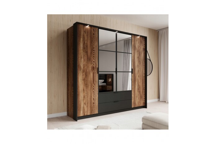 Armoire penderie étagères 4 portes et 2 tiroirs avec miroirs et LEDs 220 cm - Milton