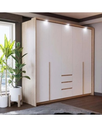 CHAMBRE COMPLÈTE LEXO Lit 160 + sommier + 2 tables de nuit intégrées + Armoire xxl+ Commode