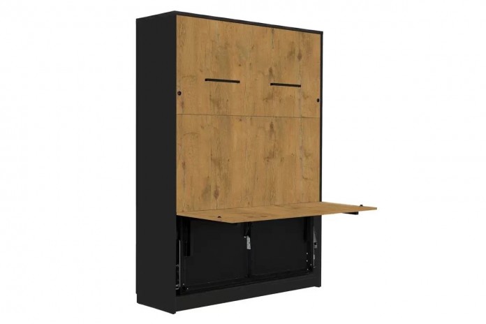 Armoire lit escamotable relevable vertical avec bureau intégré 140x200 cm chêne lancelot et noir DELUXE