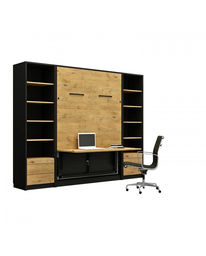 Armoire lit escamotable relevable vertical avec bureau intégré 140x200 cm chêne lancelot et noir DELUXE