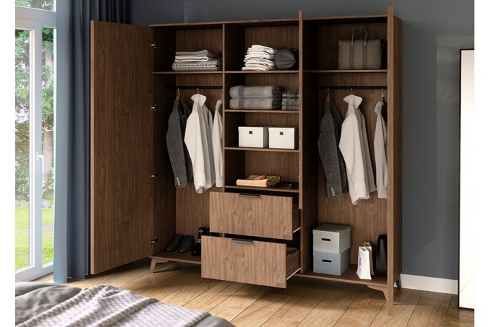 ARMOIRE “ALTERRA” – Armoire dressing en chêne artisan 3 portes, avec tiroirs et tringles