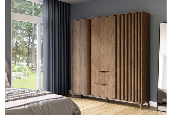 ARMOIRE “ALTERRA” – Armoire dressing en chêne artisan 3 portes, avec tiroirs et tringles