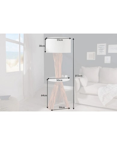 Lampadaire design en bois flotté de longane 155 cm avec abat-jour en lin blanc LINEA