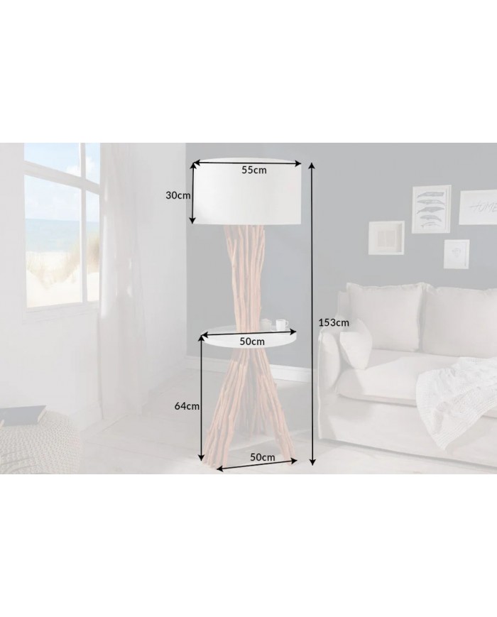 Lampadaire design en bois flotté de longane 155 cm avec abat-jour en lin blanc LINEA