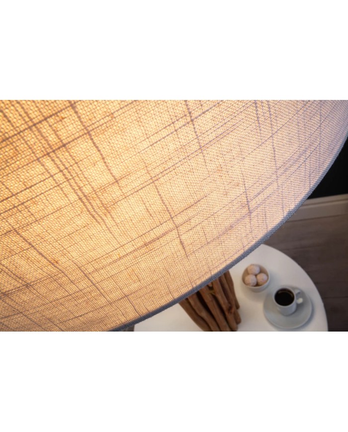 Lampadaire design en bois flotté de longane 155 cm avec abat-jour en lin blanc LINEA