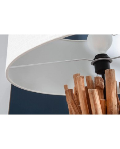 Lampadaire design en bois flotté de longane 155 cm avec abat-jour en lin blanc LINEA