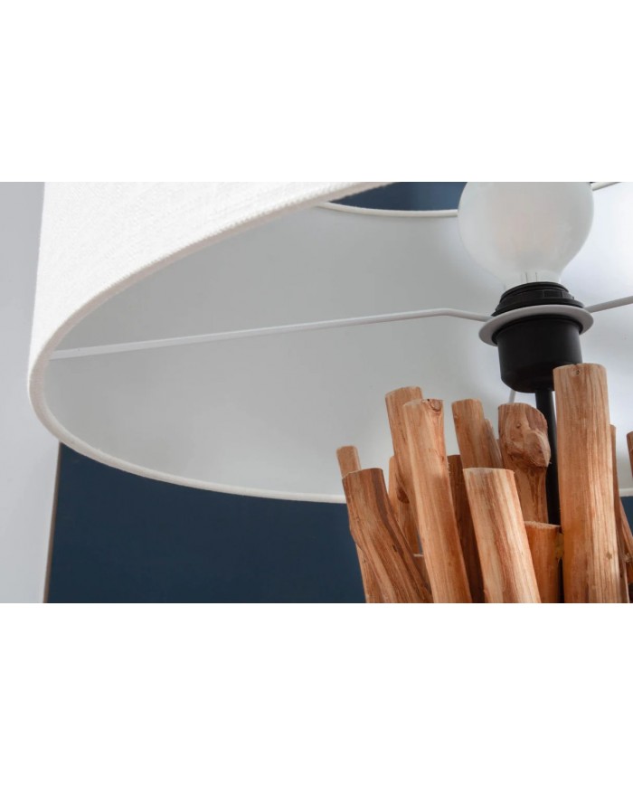 Lampadaire design en bois flotté de longane 155 cm avec abat-jour en lin blanc LINEA