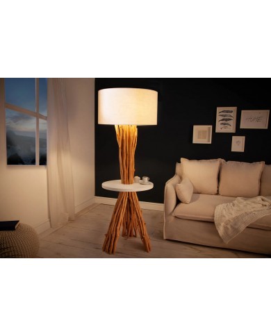 Lampadaire design en bois flotté de longane 155 cm avec abat-jour en lin blanc LINEA