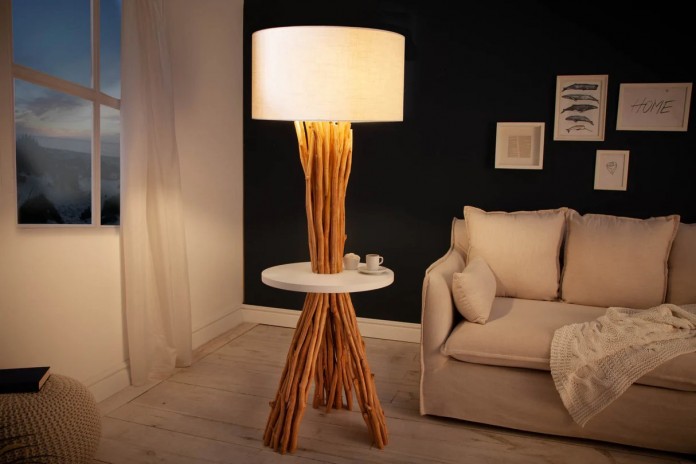 Lampadaire design en bois flotté de longane 155 cm avec abat-jour en lin blanc LINEA