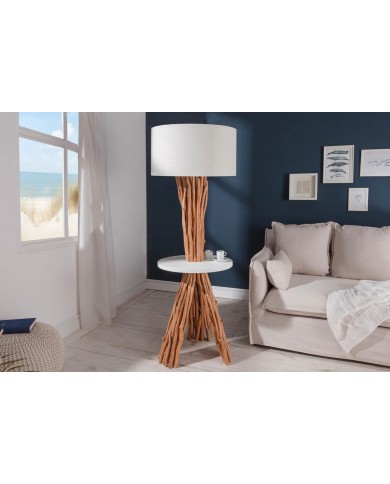 Lampadaire design en bois flotté de longane 155 cm avec abat-jour en lin blanc LINEA