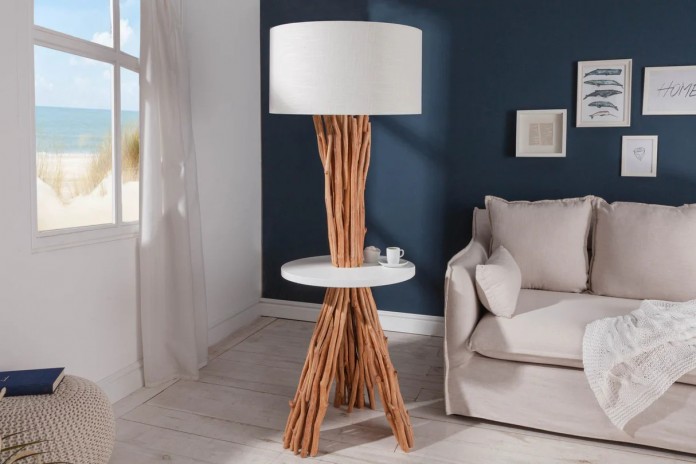 Lampadaire design en bois flotté de longane 155 cm avec abat-jour en lin blanc LINEA