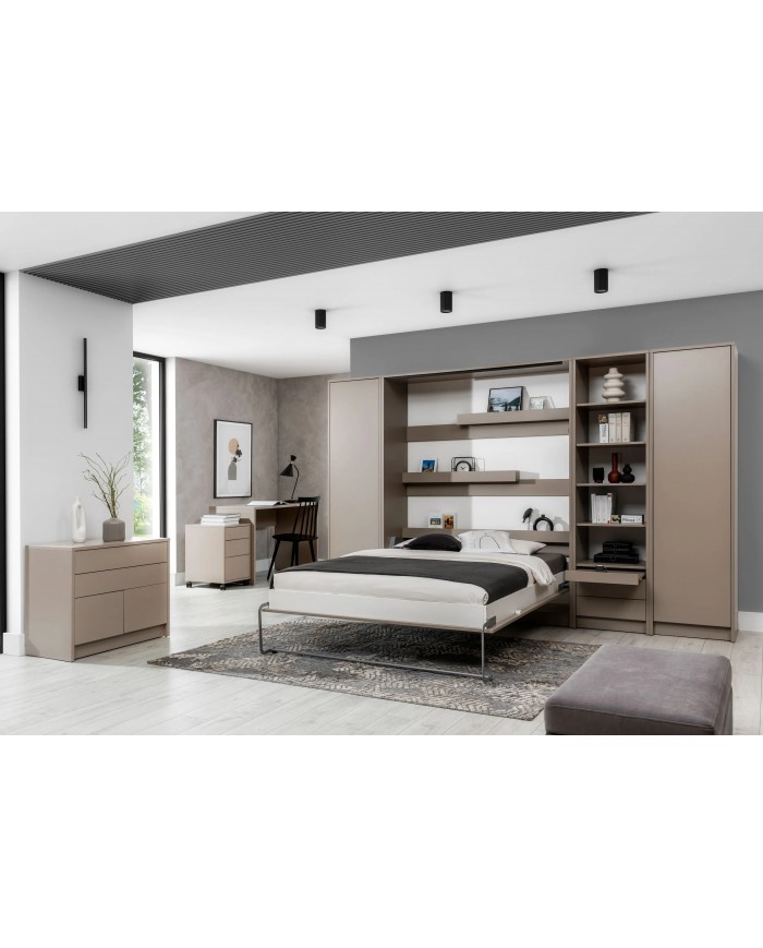 Lit escamotable 140×200 avec bureau intégré taupe DELUXE