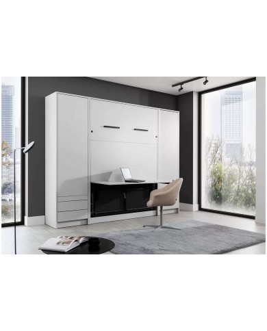 Armoire lit escamotable relevable vertical avec bureau intégré 120x200 cm blanc mat DELUXE