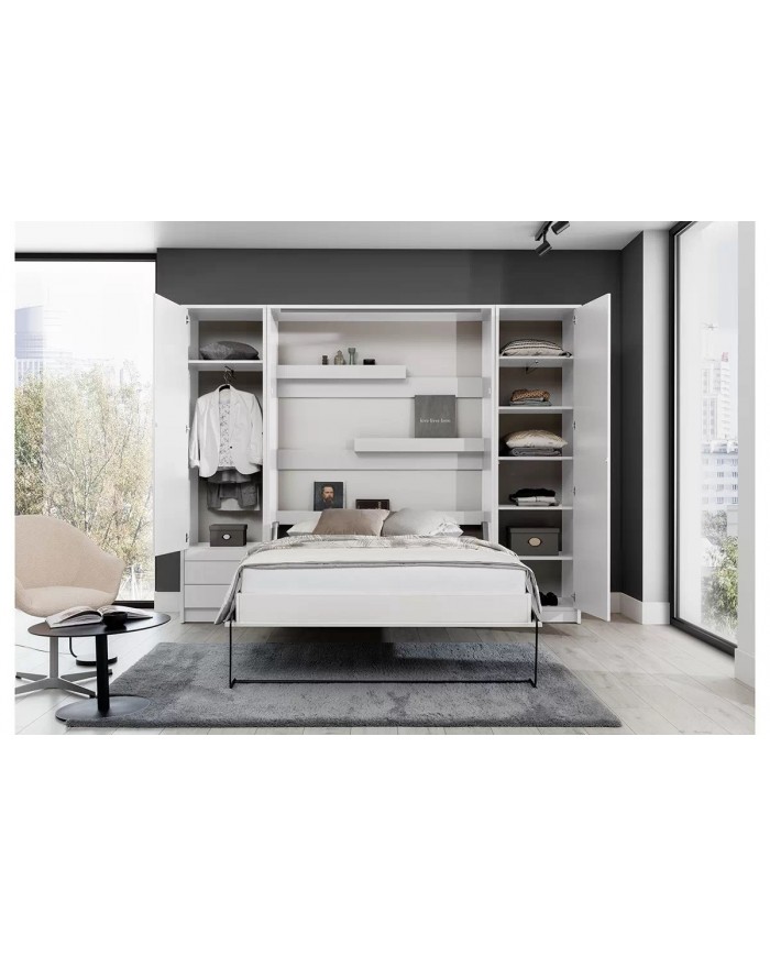 Armoire lit escamotable relevable vertical avec bureau intégré 120x200 cm blanc mat DELUXE