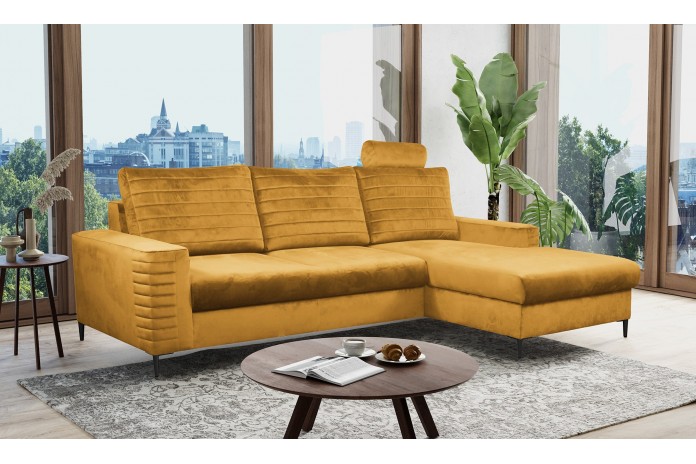 Canapé d’angle convertible + coffre LIVANO Moutarde – Élégance contemporaine & qualité haut de gamme Promo !