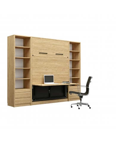 Armoire lit escamotable relevable vertical avec bureau intégré 120x200 cm chêne huilé DELUXE