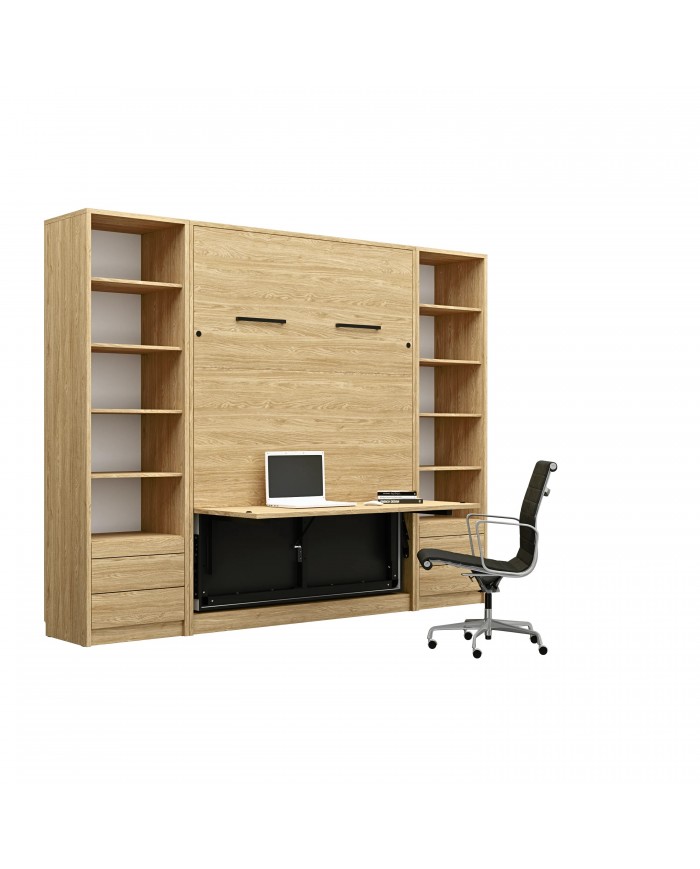 Armoire lit escamotable relevable vertical avec bureau intégré 120x200 cm chêne huilé DELUXE
