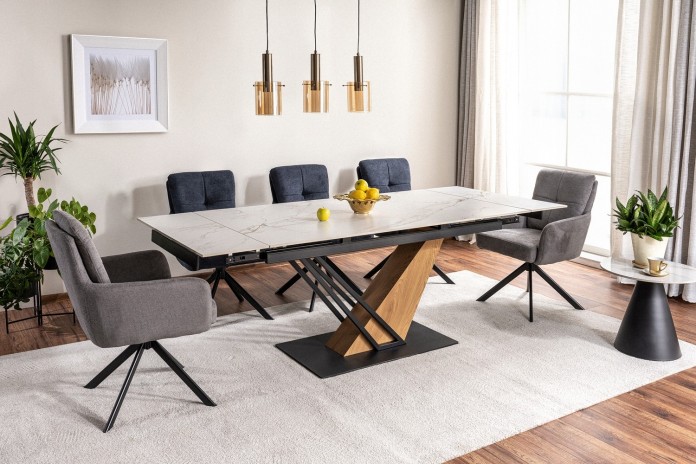 Table céramique 10 couverts  GENESE Blanc mat/chêne - Design puissant, robustesse extrême, capacité XL