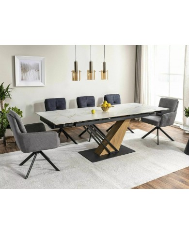 Table céramique 10 couverts  GENESE Blanc mat/chêne - Design puissant, robustesse extrême, capacité XL