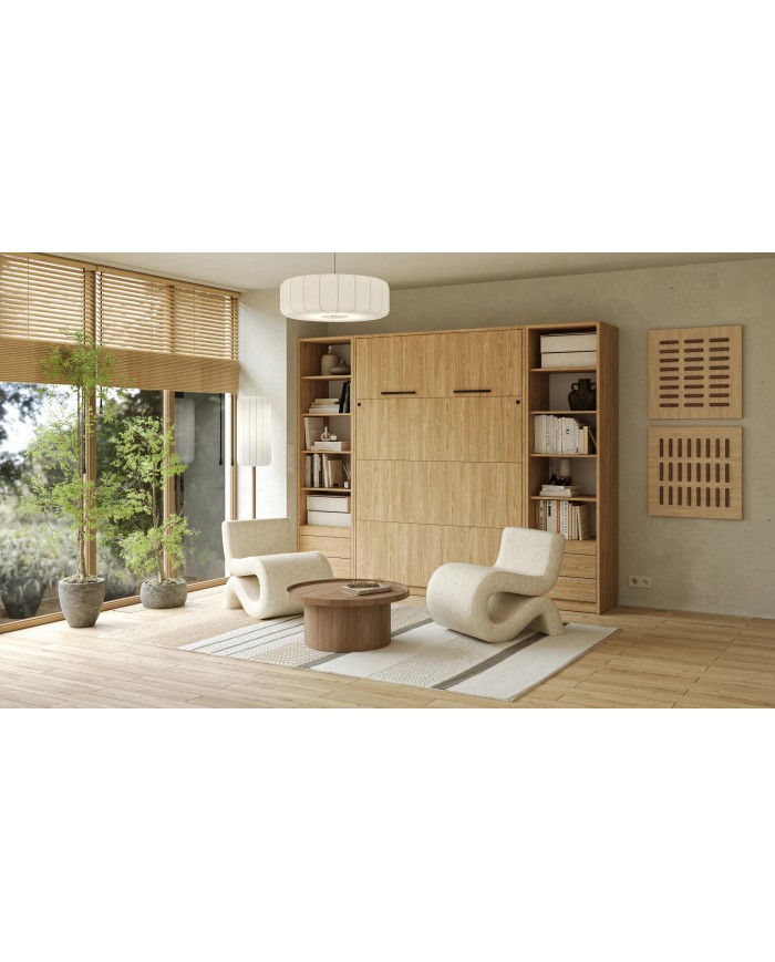 Armoire lit escamotable relevable vertical avec bureau intégré 120x200 cm chêne huilé DELUXE
