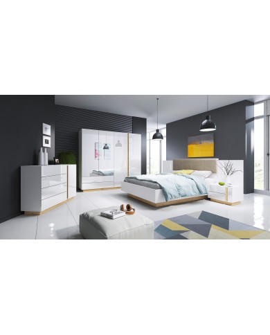 Lit avec tête de lit capitonné + 2 chevets LEDs intégrés 160x200 cm blanc brillant Mobilinea white