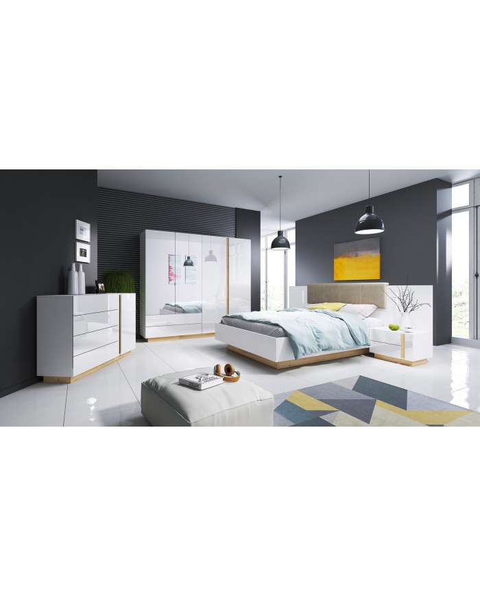 Lit avec tête de lit capitonné + 2 chevets LEDs intégrés 160x200 cm blanc brillant Mobilinea white