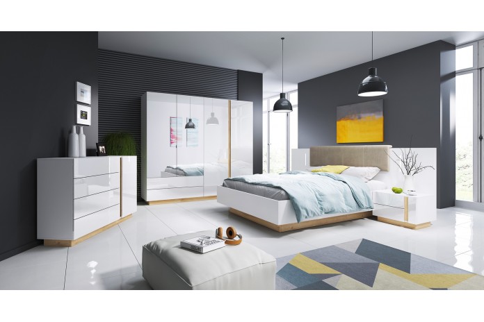 Lit avec tête de lit capitonné + 2 chevets LEDs intégrés 160x200 cm blanc brillant Mobilinea white