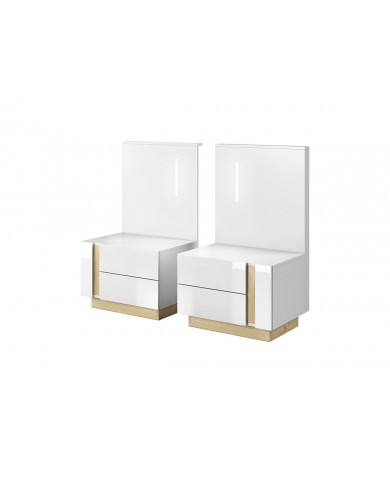Lit avec tête de lit capitonné + 2 chevets LEDs intégrés 160x200 cm blanc brillant Mobilinea white