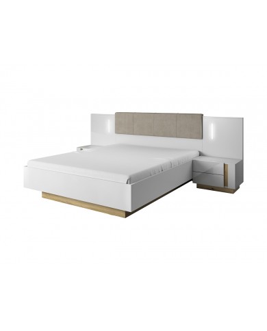 Lit avec tête de lit capitonné + 2 chevets LEDs intégrés 160x200 cm blanc brillant Mobilinea white