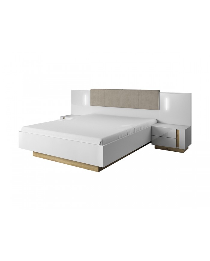 Lit avec tête de lit capitonné + 2 chevets LEDs intégrés 160x200 cm blanc brillant Mobilinea white