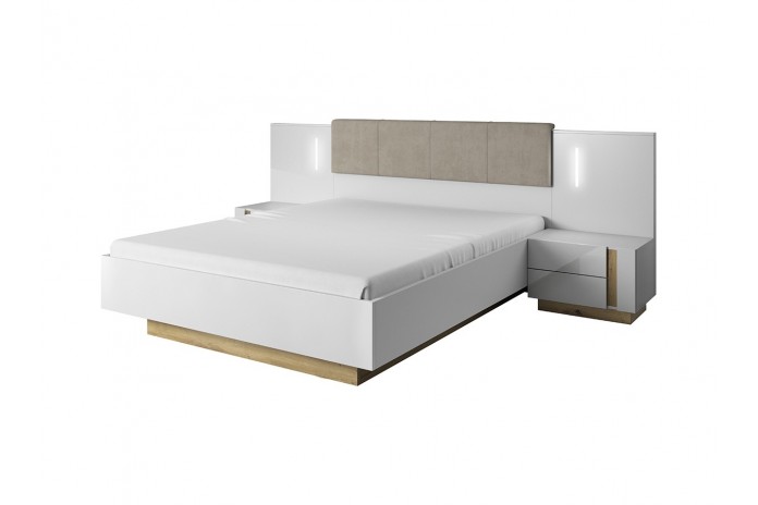 Lit avec tête de lit capitonné + 2 chevets LEDs intégrés 160x200 cm blanc brillant Mobilinea white