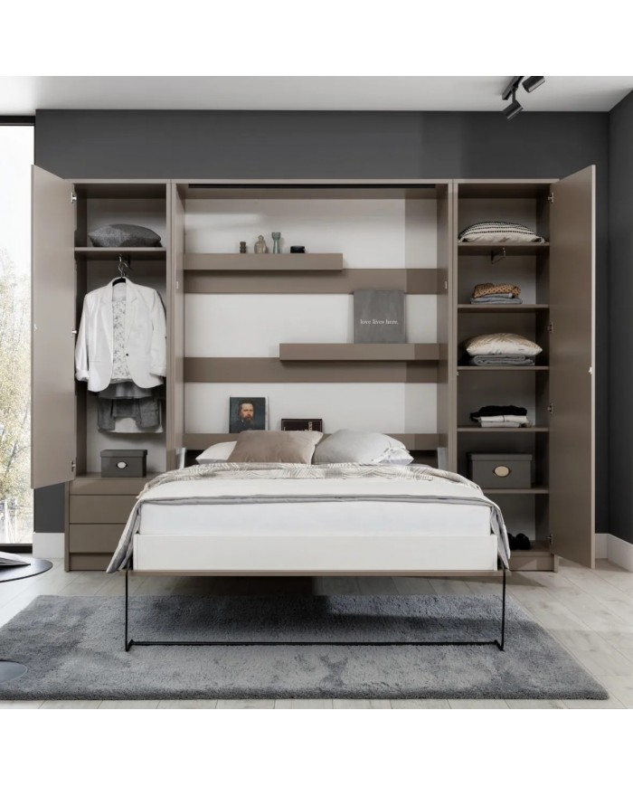 Armoire lit escamotable relevable vertical avec bureau intégré 120x200 cm taupe DELUXE