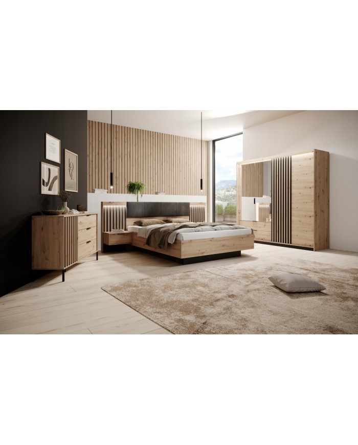 Armoire AURA 220 – Chêne artisanal & Anthracite avec miroirs  contemporaine, rangements malins & finitions haut de gamme