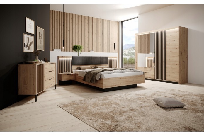 Armoire AURA 220 – Chêne artisanal & Anthracite avec miroirs  contemporaine, rangements malins & finitions haut de gamme