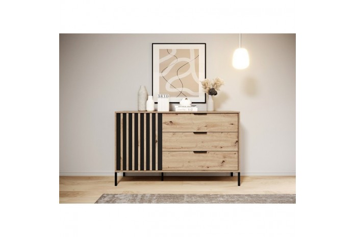 Commode AURA – Chêne artisanal & Anthracite  3 grands tiroirs – Design nervuré élégant – 100 % fonctionnalité