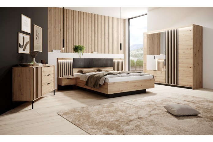 Lit AURA 160x200 chevets intégrés – Chêne Artisanal & Anthracite  Design nervuré + LED + rangements intégrés
