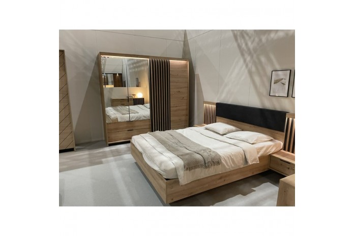 Lit AURA 160x200 chevets intégrés – Chêne Artisanal & Anthracite  Design nervuré + LED + rangements intégrés