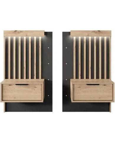 Lit AURA 160x200 chevets intégrés – Chêne Artisanal & Anthracite  Design nervuré + LED + rangements intégrés