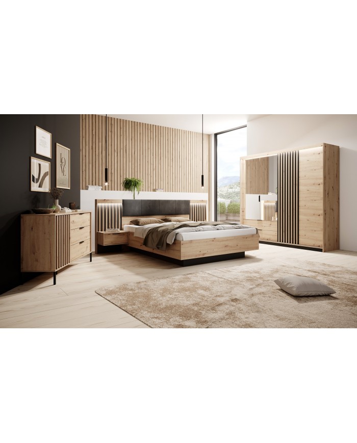 PACK CHAMBRE AURA –  Lit 160x200 + 2 chevets intégrés+ Led + armoire miroir 4 portes + commode AURA