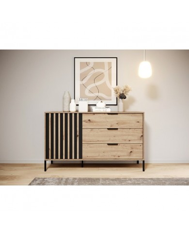 PACK CHAMBRE AURA –  Lit 160x200 + 2 chevets intégrés+ Led + armoire miroir 4 portes + commode AURA
