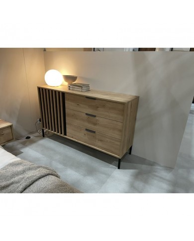 PACK CHAMBRE AURA –  Lit 160x200 + 2 chevets intégrés+ Led + armoire miroir 4 portes + commode AURA