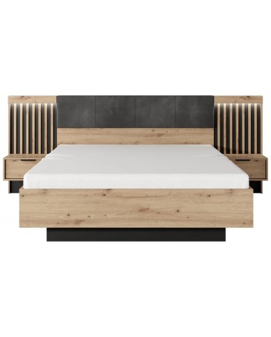 PACK CHAMBRE AURA –  Lit 160x200 + 2 chevets intégrés+ Led + armoire miroir 4 portes + commode AURA